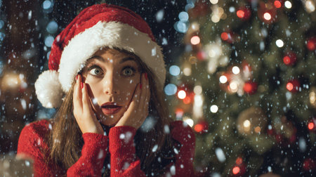 A young woman in a red sweater and Santa hat looks amazed as snow falls around her embracing the joyful spirit of the New Year festivities.の素材