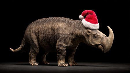 A prehistoric animal wears a bright red Santa hat blending holiday spirit with a twist of imagination.の素材