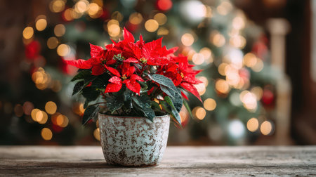 A vibrant red poinsettia blooms in a rustic pot complementing a beautifully decorated Christmas tree in soft focus behind it.の素材