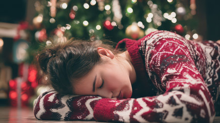 A young woman enjoys a peaceful moment resting on her arms in a cozy holiday setting surrounded by a beautifully decorated Christmas tree.の素材