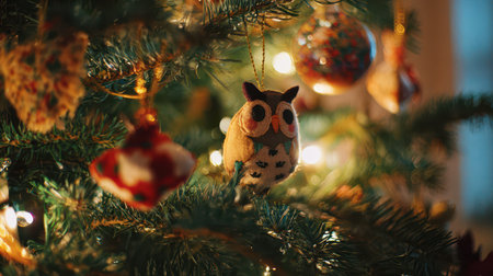 Decorated tree sparkles with handcrafted owl ornament cozy lights and colorful baubles celebrating joy and warmth of the holiday season.の素材