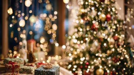 A cozy living room is filled with sparkling lights and festive decorations. A brilliantly adorned Christmas tree stands beside colorful wrapped gifts.の素材