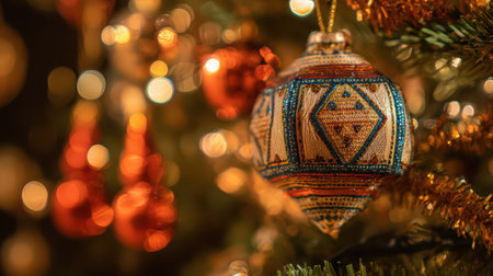Colorful ornaments dangle from a lush green tree creating a warm atmosphere filled with festive excitement during the New Year celebrations.の素材