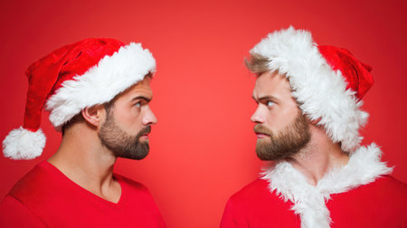 Two men with beards wear festive Santa hats and red shirts facing each other with friendly expressions in a bright cheerful atmosphere.の素材