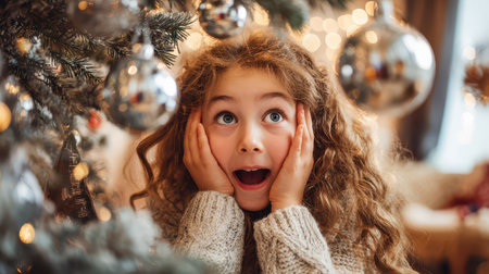 A young girl with curly hair shows pure joy while gazing at a beautifully decorated Christmas tree with shiny ornaments as she welcomes the New Year.の素材