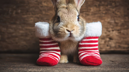 A cute bunny sits between red and white striped stockings ready to celebrate the New Year with holiday joy and fun in a cozy setting.の素材