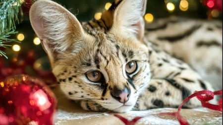 A graceful cat with spots lounges beside colorful ornaments and twinkling lights embracing the cheerful New Year spirit indoors.の素材