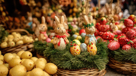 Festive bunnies and decorated eggs sit on a green bed of foliage surrounded by vibrant fruit baskets capturing the joy of spring celebrations.の素材