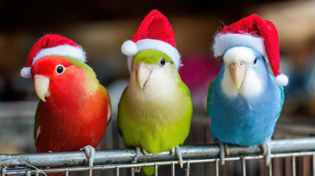 Three bright birds in tiny Santa hats perch together adding a joyful and warm touch to New Year celebrations.の素材
