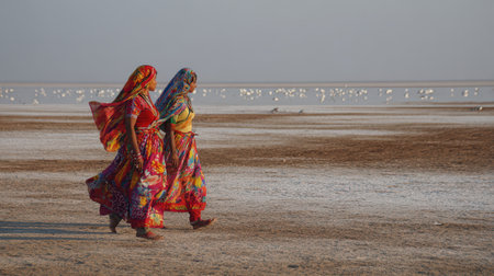 Two women dressed in vibrant traditional attire walk joyfully along the salt flats celebrating the New Year in a serene landscape.の素材