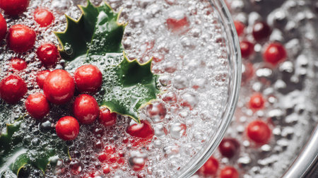 A refreshing drink mixes bubbles with vibrant cranberries and green holly leaves perfect for celebrating the New Year in style.の素材