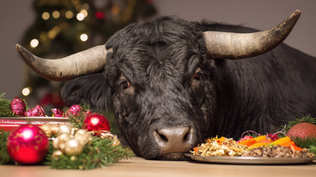 A curious bull approaches a festive spread of food adorned with colorful decorations capturing the warmth of the New Year celebration.の素材