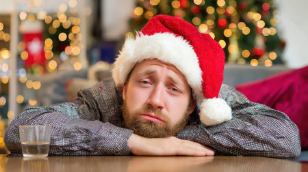 A man in a festive hat looks downcast while resting on a table. Colorful lights twinkle in the background evoking the spirit of celebration.の素材