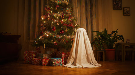 A hidden figure draped in white sits silently next to a beautifully decorated Christmas tree surrounded by colorful wrapped gifts in warm light.の素材