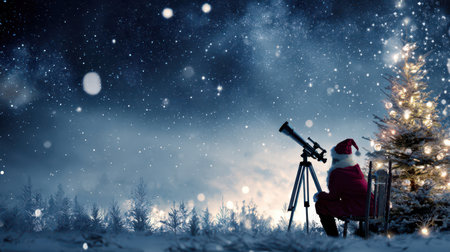A joyful figure in a red suit gazes through a telescope admiring the twinkling stars above a snowy landscape during New Year.の素材
