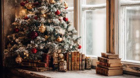 A beautifully decorated Christmas tree stands beside a window filled with warm light. Old books are stacked nearby creating a festive reading nook.の素材