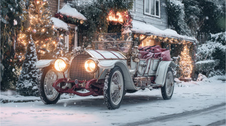 A vintage car sits in front of a charming house decorated with festive lights surrounded by a blanket of snow during the holiday season.の素材
