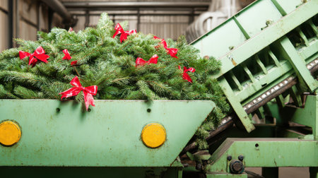 A conveyor belt transports fresh green pine branches adorned with red bows in preparation for New Year festivities.の素材