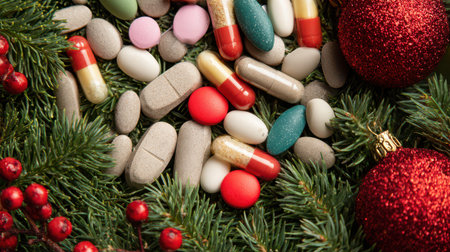 Brightly colored pills are arranged among festive decorations like red ornaments and evergreen branches capturing the holiday spirit with a twist.の素材