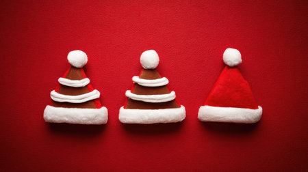 Three unique holiday hats are displayed against a vibrant red background ready to bring cheer to the New Year festivities.の素材