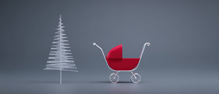 A striking minimalist scene presents a white wire tree and a stylish red sled beside it. The design captures a festive spirit for New Year.の素材