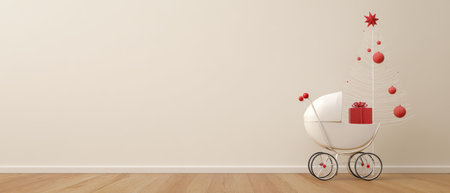 A simple Christmas display features a stylish cart with red ornaments and a gift creating a warm and festive atmosphere for the New Year.の素材