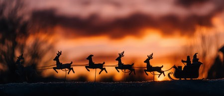 A magical sunset casts vibrant colors as a sleigh drawn by reindeer glides through the evening sky celebrating New Year in cinematic beauty.の素材