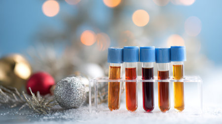 Colorful vials filled with liquids sit on a snowy surface with holiday decorations in the background celebrating the spirit of the New Year.の素材