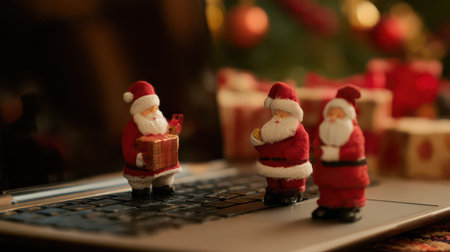 Three cheerful Santas gather around a laptop sharing holiday joy among colorful decorations and gifts celebrating the New Year.の素材
