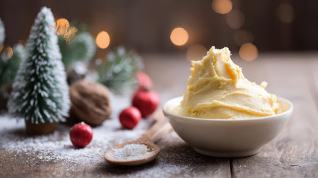 Buttercream icing sits in a bowl surrounded by holiday decorations and snow dusted accents perfect for festive baking during the New Year.の素材