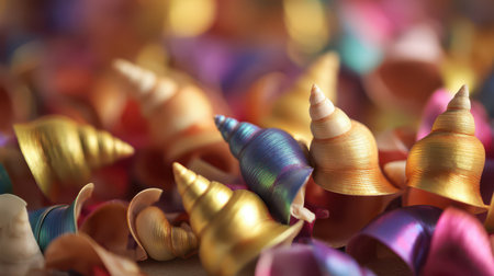 Small vibrant shells in various colors scattered together create a joyful atmosphere perfect for welcoming the New Year with cheer and creativity.の素材