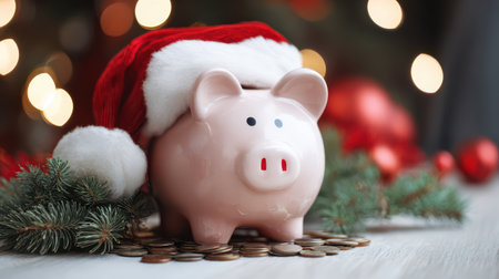 A festive piggy bank wearing a Santa hat sits among coins and holiday decorations symbolizing savings and cheer for the New Year.の素材