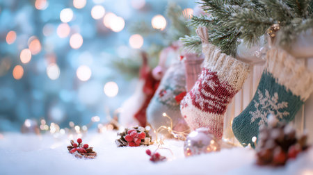 Colorful knitted stockings hang along a snowy ledge surrounded by twinkling lights and festive decorations creating a warm celebration atmosphere.の素材