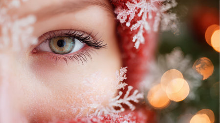 A close up of a persons eye surrounded by snowflakes embodying the magic of winter and the celebration of the New Year festivities.の素材