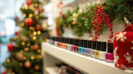 A vibrant display of nail polishes is set against a festive backdrop of a Christmas tree adorned with holiday decorations celebrating New Year.の素材