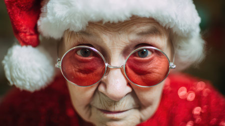 An elderly woman wears a red outfit with a Santa hat and round glasses. Her joyful expression captures the spirit of the holiday season.の素材