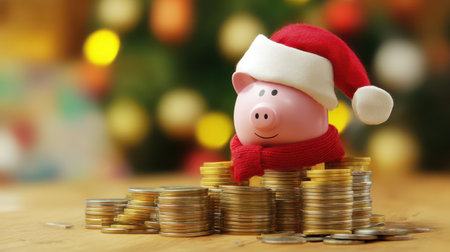 A festive piggy bank wears a Santa hat and scarf surrounded by shiny coins and a cozy holiday backdrop with twinkling lights.の素材