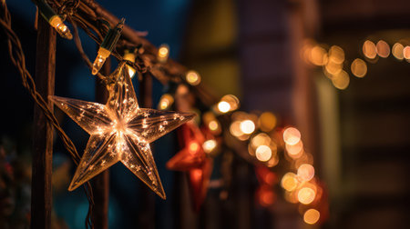 Warm lights twinkle through hanging stars creating a festive atmosphere for joyful celebrations as the New Year approaches.の素材