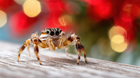 A curious spider stands on a wooden surface surrounded by vibrant holiday decorations capturing the spirit of the New Year celebration.の素材