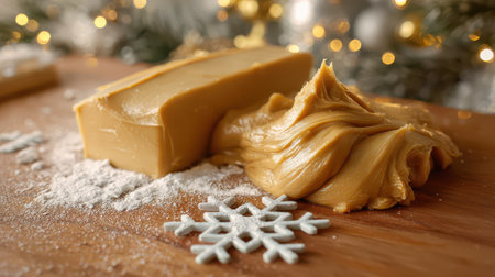 A block of rich butter rests on a wooden table with soft spreadable butter and festive decorations nearby.の素材