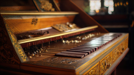 A finely crafted harpsichord stands ready for holiday music showcasing elaborate designs and vibrant colors that evoke festive joy and elegance.の素材