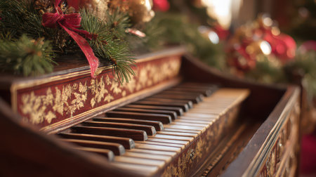 A vintage harpsichord decorated with evergreen garlands and festive ornaments brings warmth and joy to a New Year gathering evoking holiday cheer.の素材