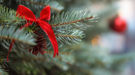 A beautiful Christmas tree branch adorned with a bright red bow and pinecone capturing the joyful spirit of the season in a cozy setting.の素材