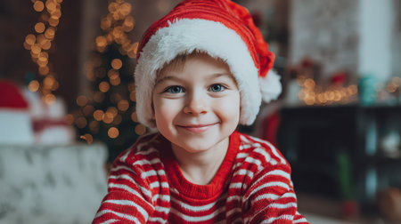 A cheerful young boy wearing a Santa hat smiles brightly in a cozy setting adorned with holiday decorations embodying the spirit of celebration.の素材