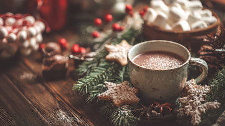 Enjoy a warm cup of cocoa surrounded by festive decorations sweet treats and the spirit of New Year celebrations in a cozy setting.の素材