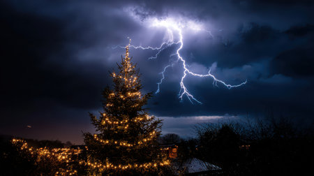A bright lightning strike illuminates a dark sky above a beautifully decorated Christmas tree showcasing the spirit of the New Year.の素材