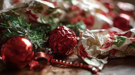 Festive decorations and wrapped treats spread across a wooden surface highlight the joy of New Year celebrations inviting excitement and cheer.の素材