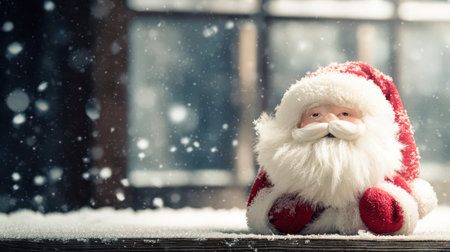 A charming Santa doll sits in the soft snow surrounded by a winter wonderland. Snowflakes gently fall around creating a cozy holiday atmosphere.の素材