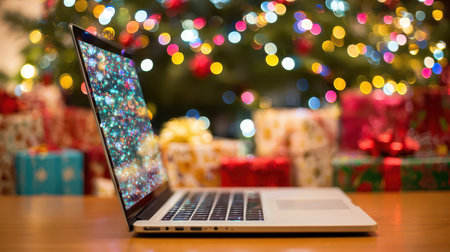 A stylish laptop glows with colorful lights next to a charming Christmas tree surrounded by festive gift boxes for New Yearの素材