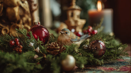 A charming bird figure rests among green foliage and shiny ornaments evoking a warm festive atmosphere for the New Year celebrations.の素材